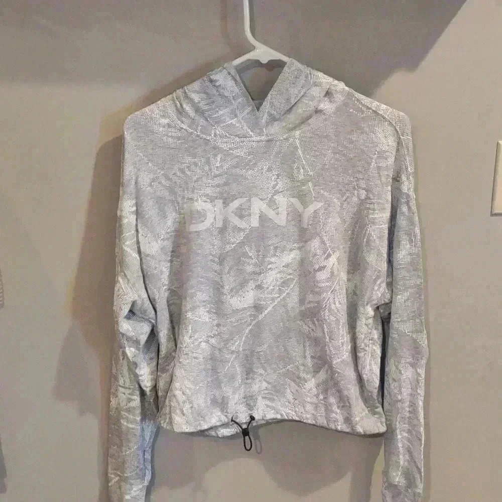 DKNY sport Women's Small Gray/White Cinched Crop long‎ sleeve Hooded Top
